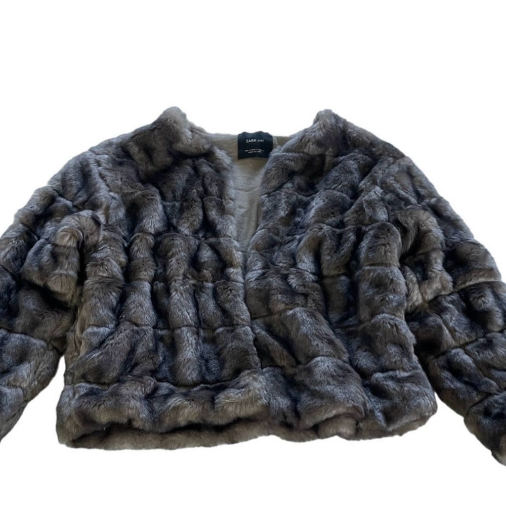 Zara Coat Women Small Grey Brown Faux Fur Crop Jacket Warm Soft Hook Eye Pockets